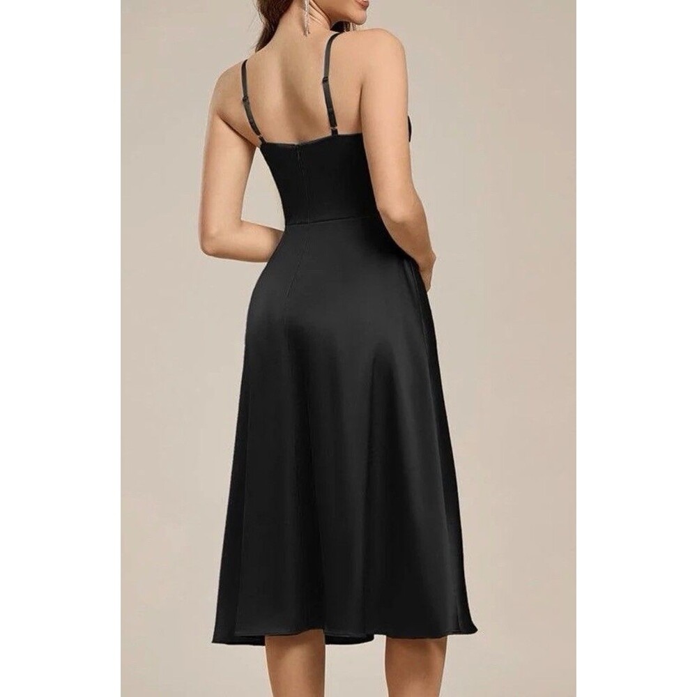 Ever-Pretty Black Satin Midi Dress Size 14 A-Line Wedding Guest Formal NWT